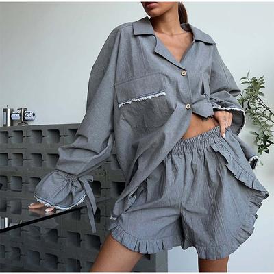 Женский летний костюм с отложным воротником, тонкая рубашка, эластичный пояс, шорты, однотонный комплект, повседневный комплект из двух предметов, для ежедневных поездок на работу