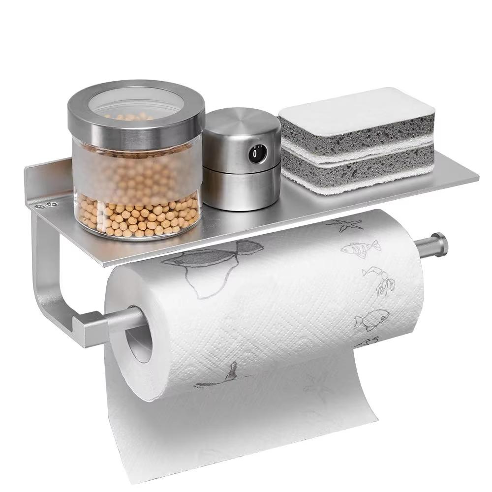 Adhesive Paper Towel Holder Wall Mounted for Kitchen Bathroom Tissue Roll Hanger with Storage Shelf, Space Aluminum