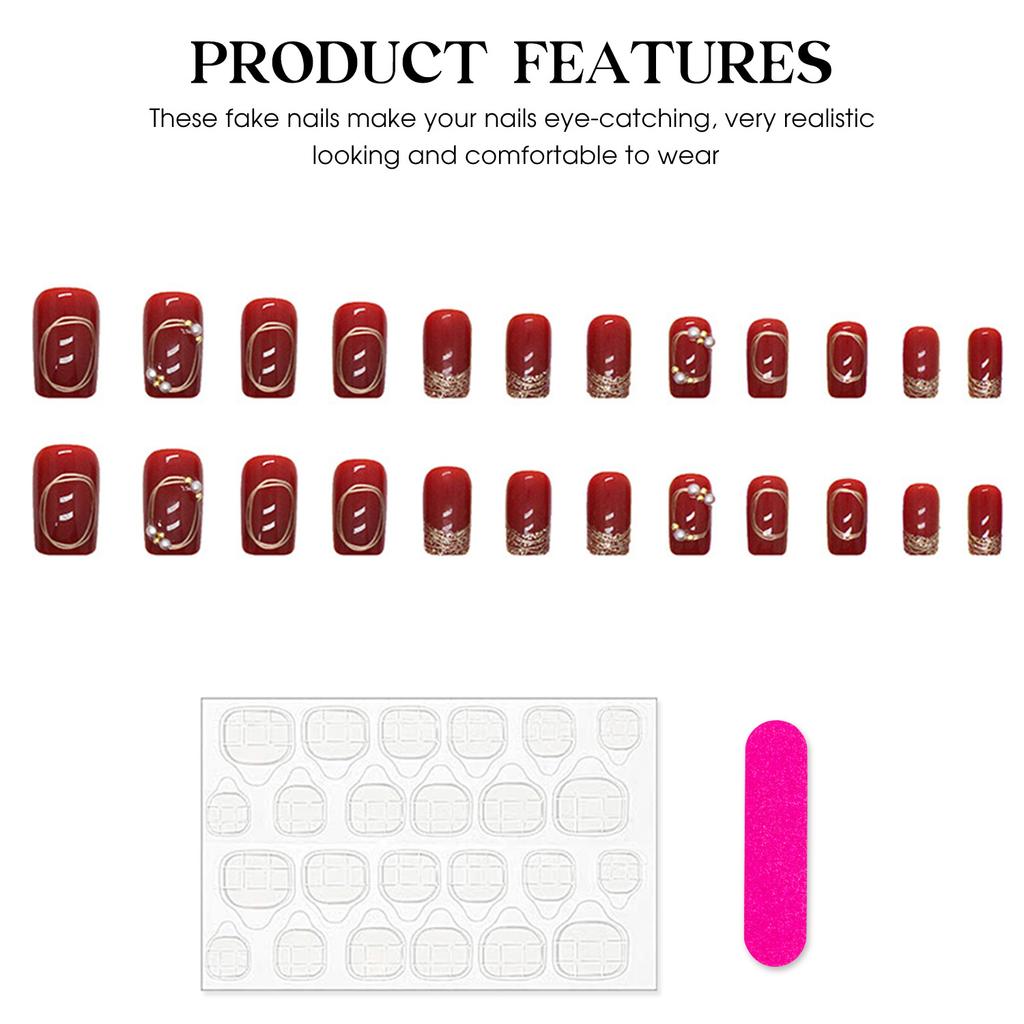 Wine Red Glossy Fake Nails New Year Square Tips Reusable Artificial Nail for Daily Students Nail Decoration
