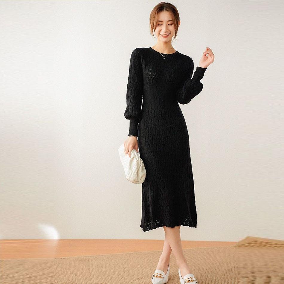 Осенне-зимнее жаккардовое трикотажное платье с рукавами-фонариками в стиле ретро, женское платье средней длины с талией и запахом, свитер трапециевидной формы, платье выше колена