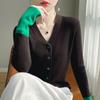 Весенне-осенняя женская вязаная куртка Полушерстяной свитер Свободный V-образный вырез Короткая лоскутная цветная застежка Верх Трикотажная куртка Кардиган