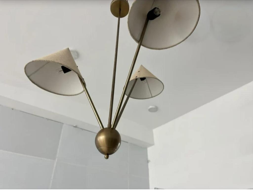Подвесной светильник с 3 тканевыми абажурами, стиль Mid Century Modern, сырая латунь, люстра-спутник