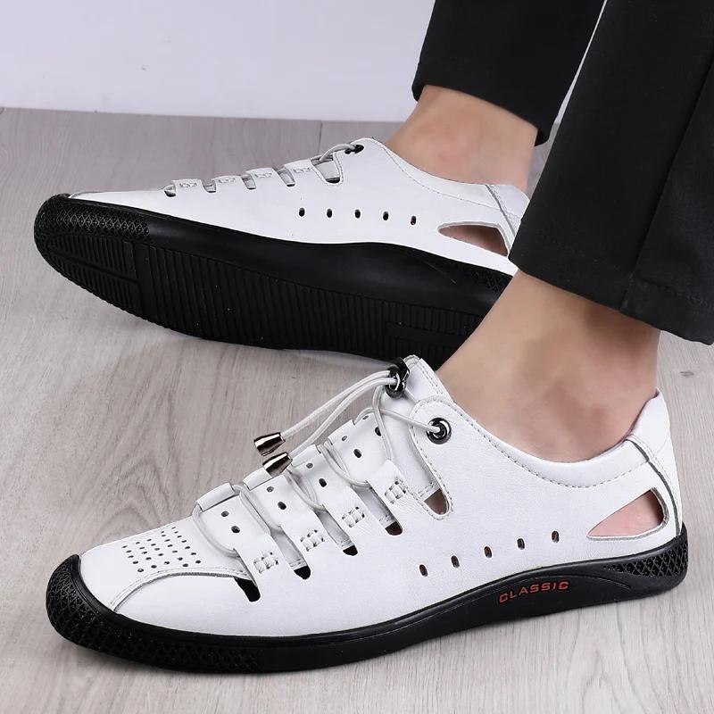Fashion Summer New White Leather Hollow Out Sandals Breathable Comfort Men Beach Shoes Fashion Soft Sole Male Flat Casual Leather Loafer