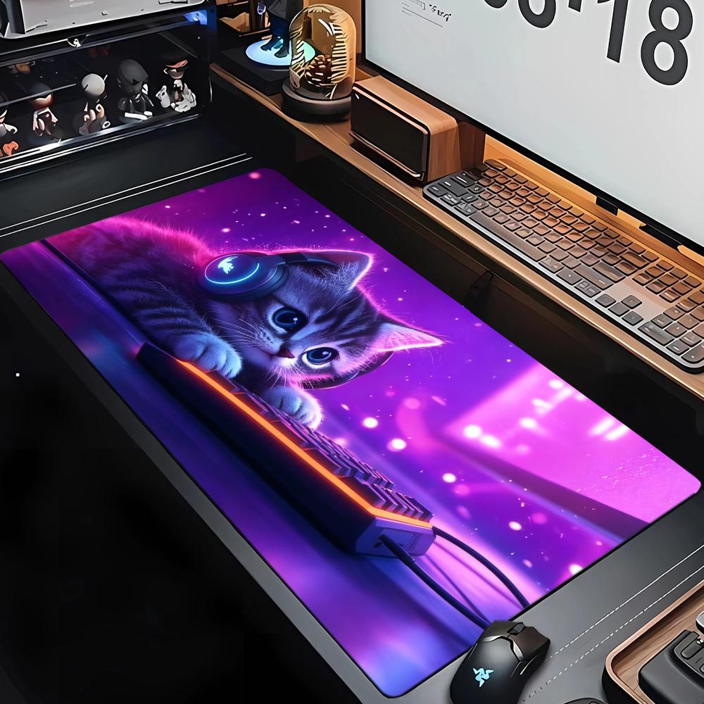 Neon Gaming Cat Headset Mouse Pad Large Computer Office Game Table Mat Rubber Anti-slip Stitched Keyboard Mat 90x40 XXL Desk Pad