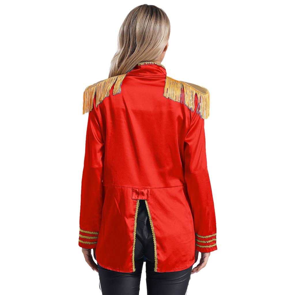 Womens Halloween Medieval Style Outerwear Tassel Shoulder Pads Gold Trim Front Zip Satin Jacket