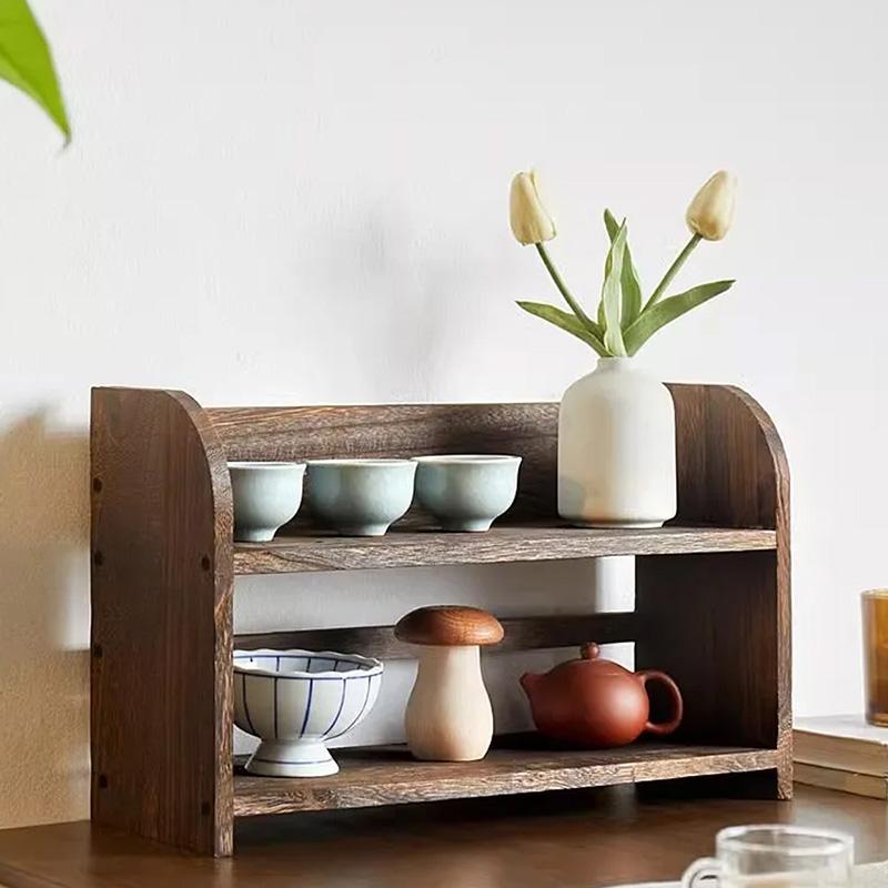 1Pc Desktop DIY Shelf Tray Display Rack Cup Tea Set Solid Wood Chinese Style