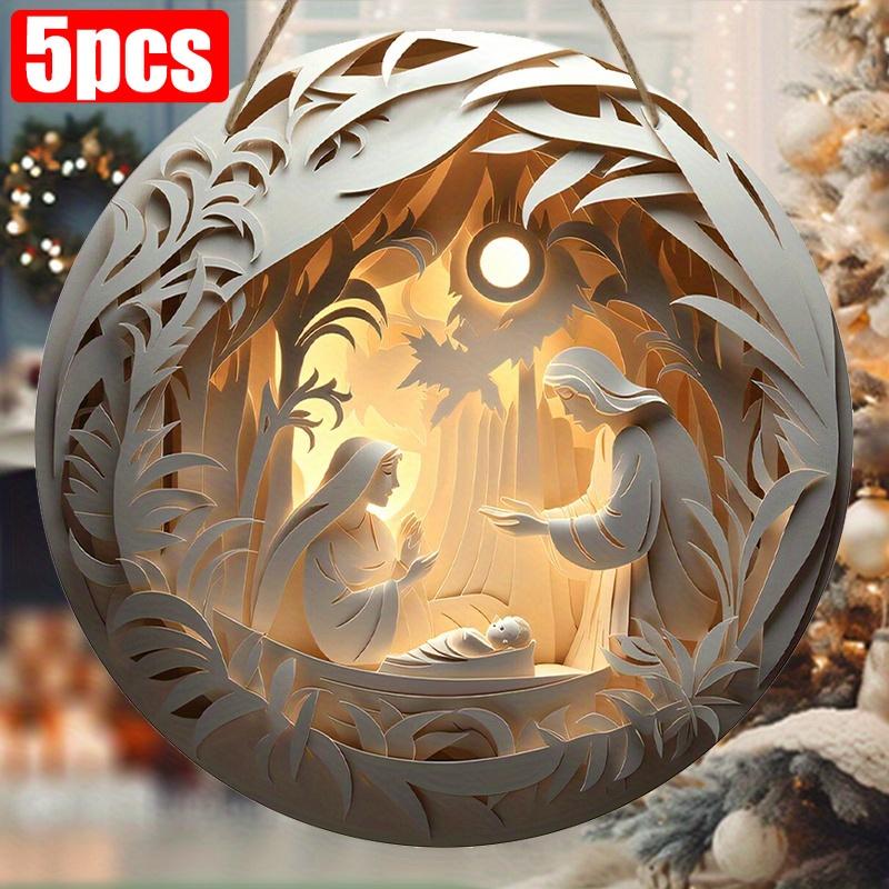 5 шт. Деревянный рождественский вертеп - 2D рельефный рождественский Иисус, семья, круглый настенный декор, не требует питания, подарок на христианский праздник