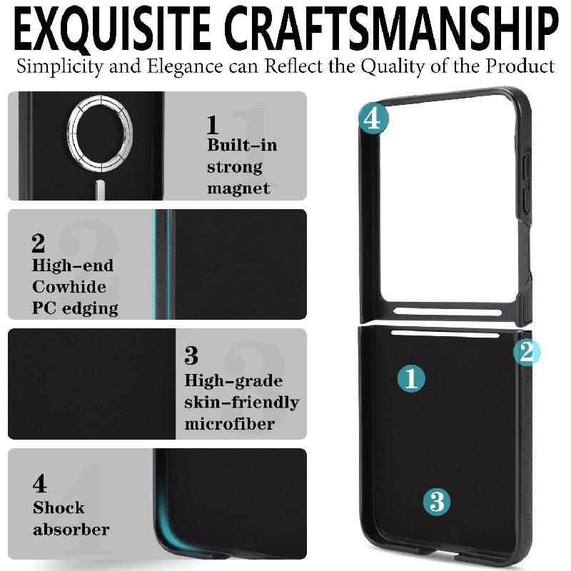 Samsung Z Flip7 Wireless Charging Phone Case with Magnetic Tri-fold Card Holder, Leather Sticker, Velvet Inner, 6-Level Protection.