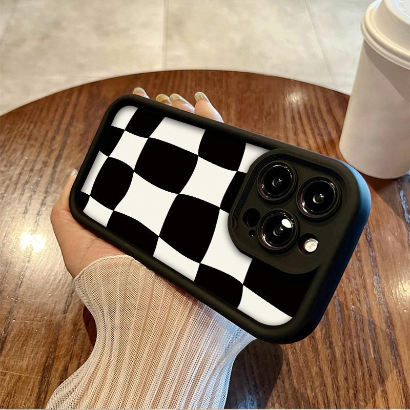 Black White Checkerboard Pattern Printed Fashion Case Flexible Soft Silicone TPU Shell Full Back Cover for iPhone Samsung