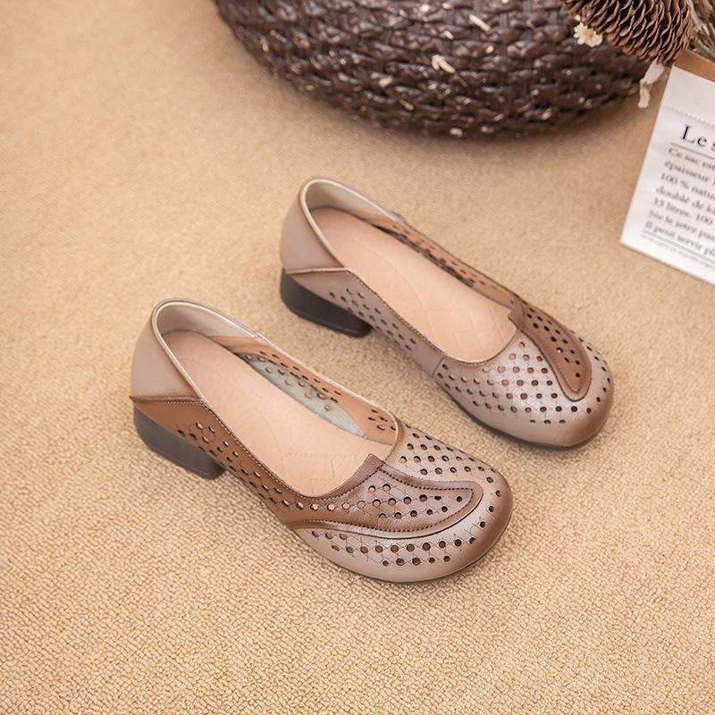 Женская обувь из натуральной кожи 2024 года, новые летние ретро-сандалии с круглым носком и закрытым носком, модные женские туфли на низком каблуке с неглубоким носком