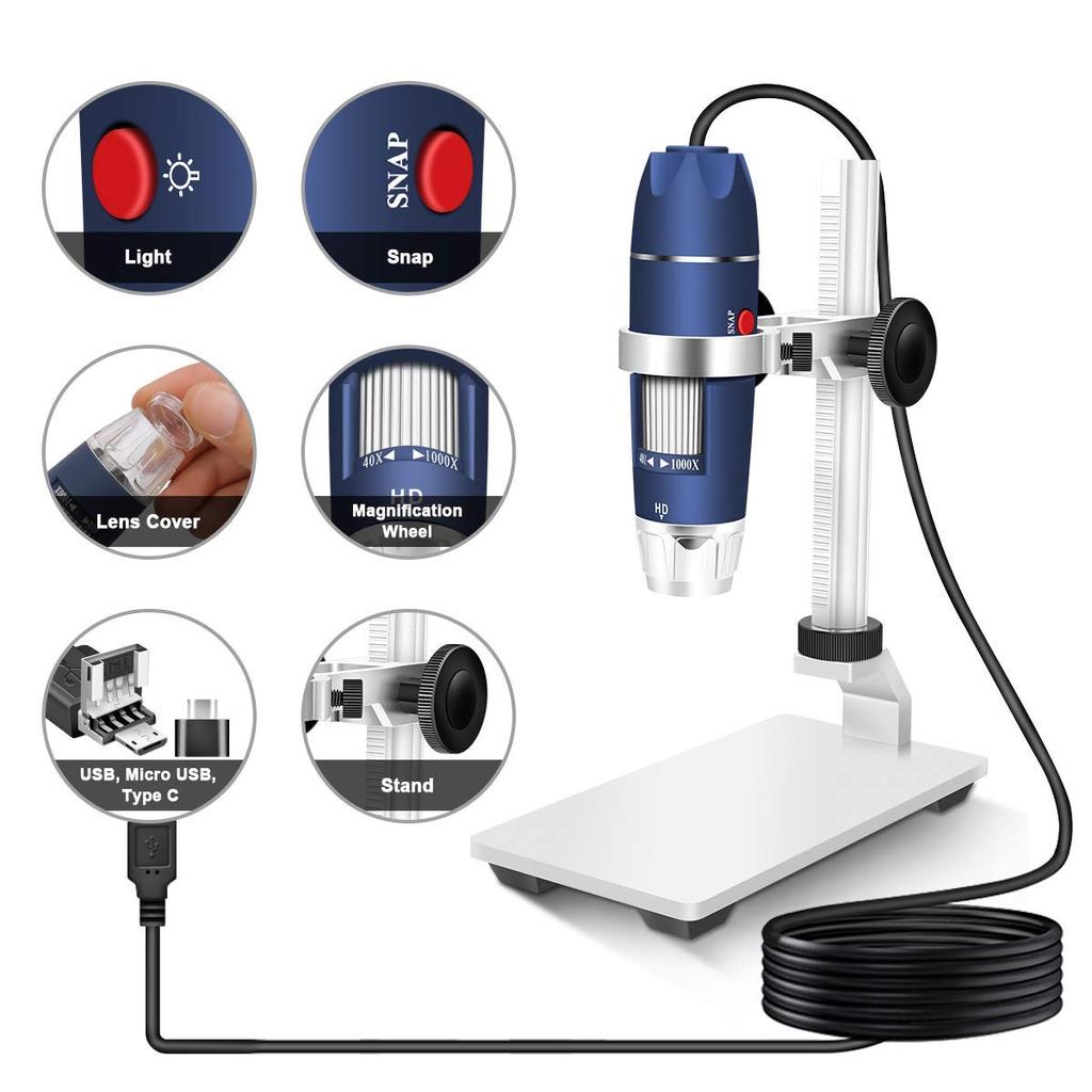 Цифровой микроскоп Jiusion HD 2MP USB с увеличением от 40x до 1000x, портативная эндоскопическая камера с 8 светодиодами, устойчивая подставка из алюминиевого сплава OTG для Android Mac