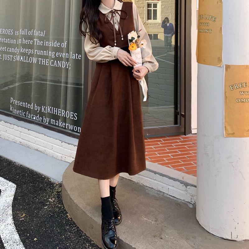 Платье большого размера с высокой талией, многослойное, из двух частей, с эффектом осеннего корейского стиля в колледже