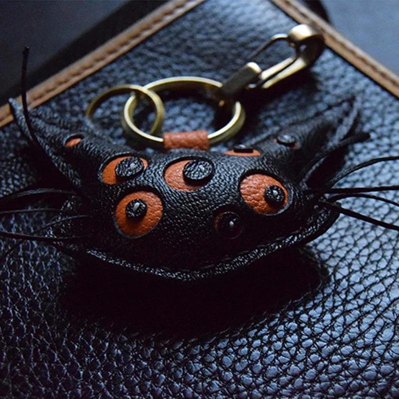 Handmade Leather Black Cat KeyChain Bag Charm