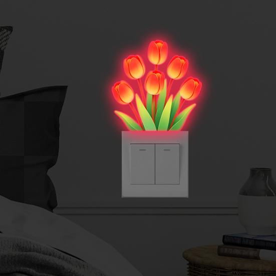 Light Switch Decal Glow-in-the-Dark Tulip Sticker, Waterproof Floral Wall Decoration Decal, Peel Bedroom and Stick Sticker for Living Room Removable
