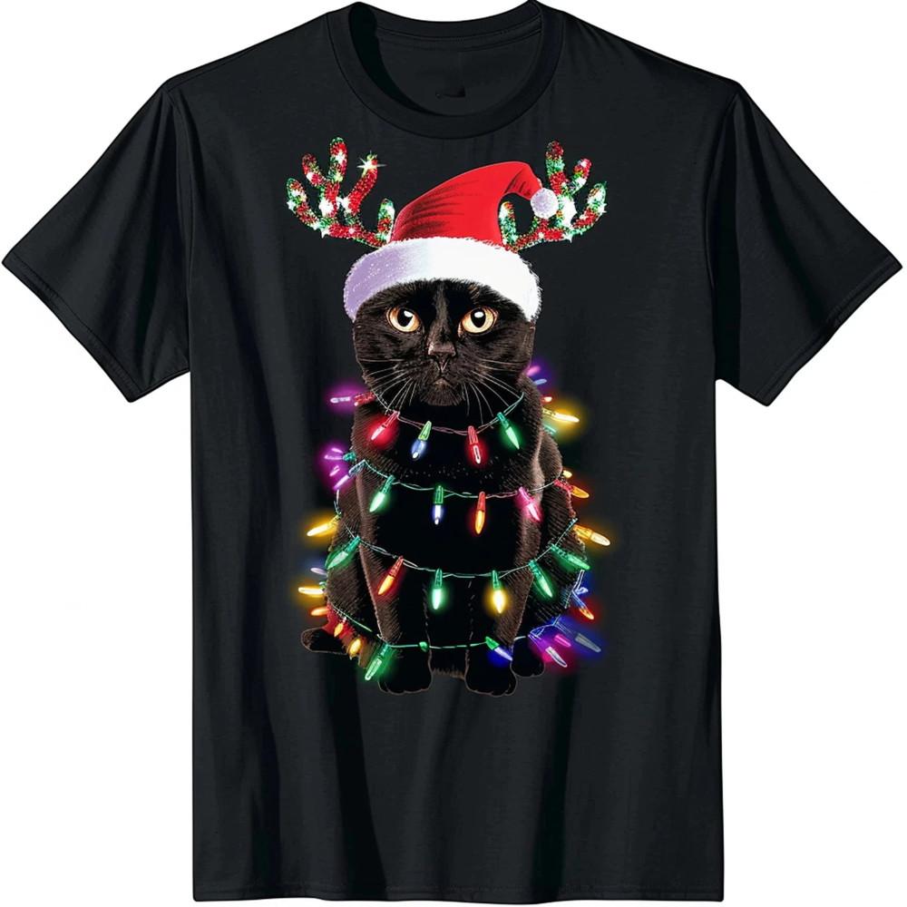 Black Cat Christmas Lights Santa Hat S5XL T Shirt Unisex T-Shirt