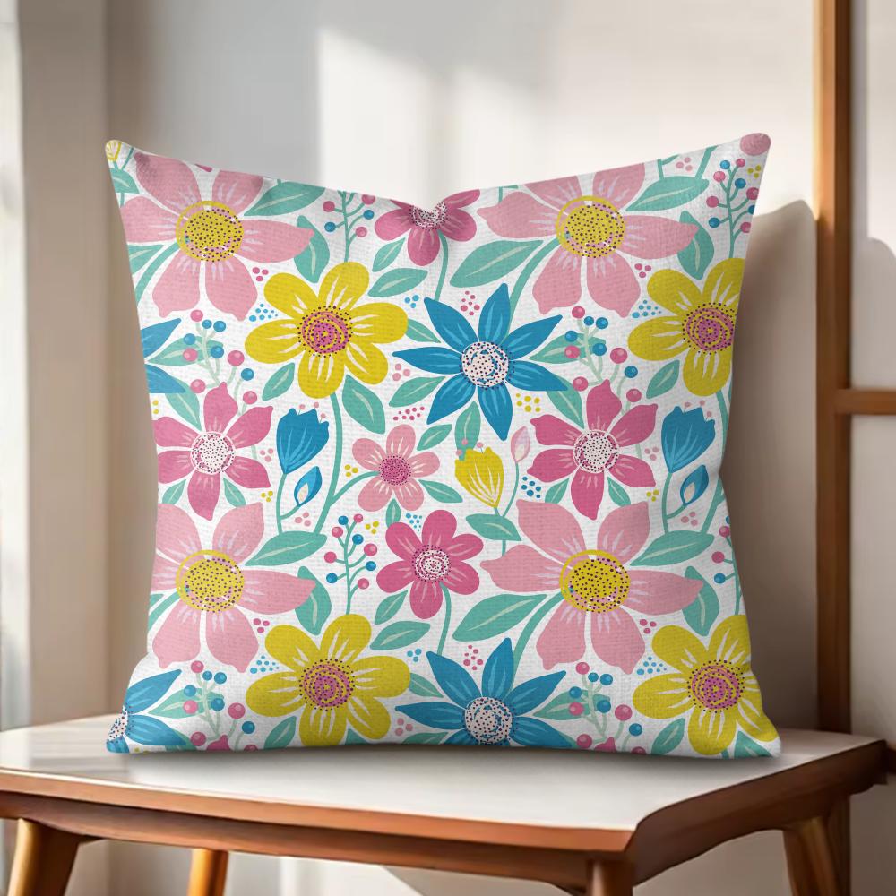 Colorful Flowers Cushion Cover Natural Linen Organic Fabric DoubleSided Printing Couch Pillow Covers Home Decor