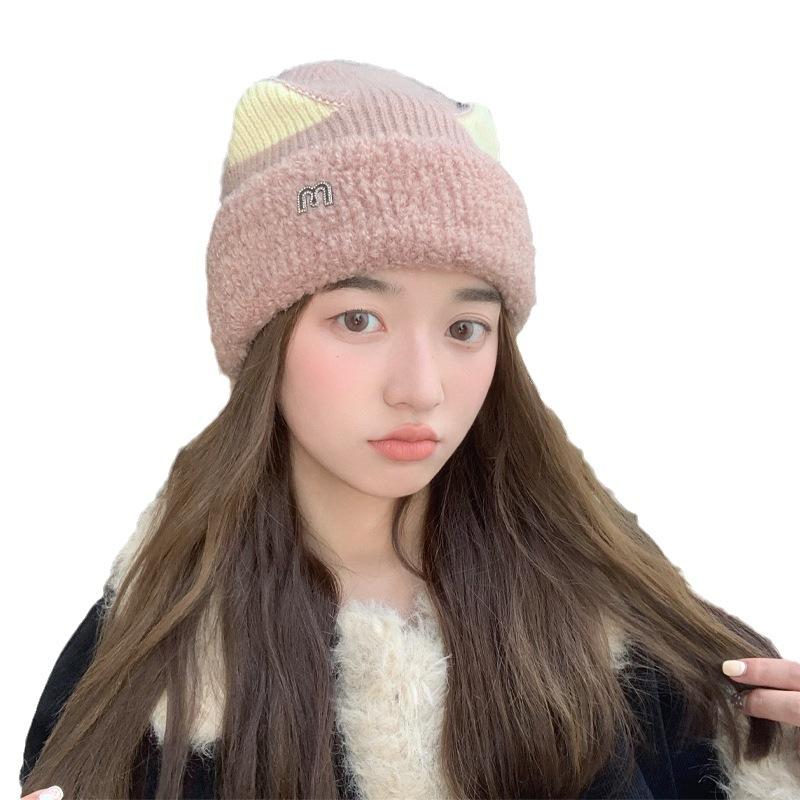 Милая шапка-кошка, женская теплая вязаная шапка, универсальная зимняя шерстяная шапка с изображением лица, маленькая японская холодная шапка