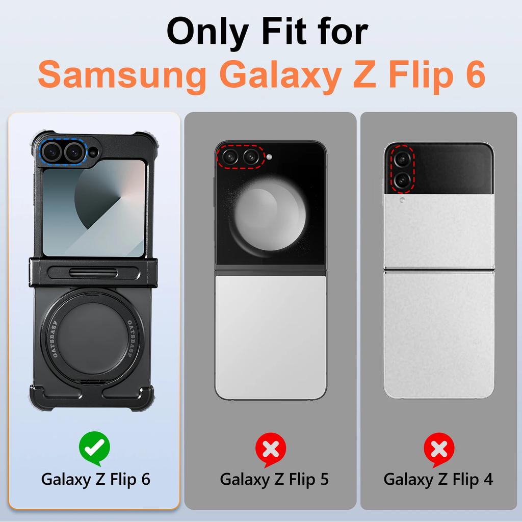 Oatsbasf Чехол для телефона Samsung Galaxy Z Flip 6 с подставкой-вращателем на 360°, металлический, безрамочный, ударопрочный, защитный