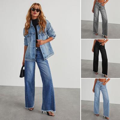 Женские эластичные джинсовые брюки с высокой талией, широкие джинсы, повседневные прямые джинсы с необработанным краем и карманами