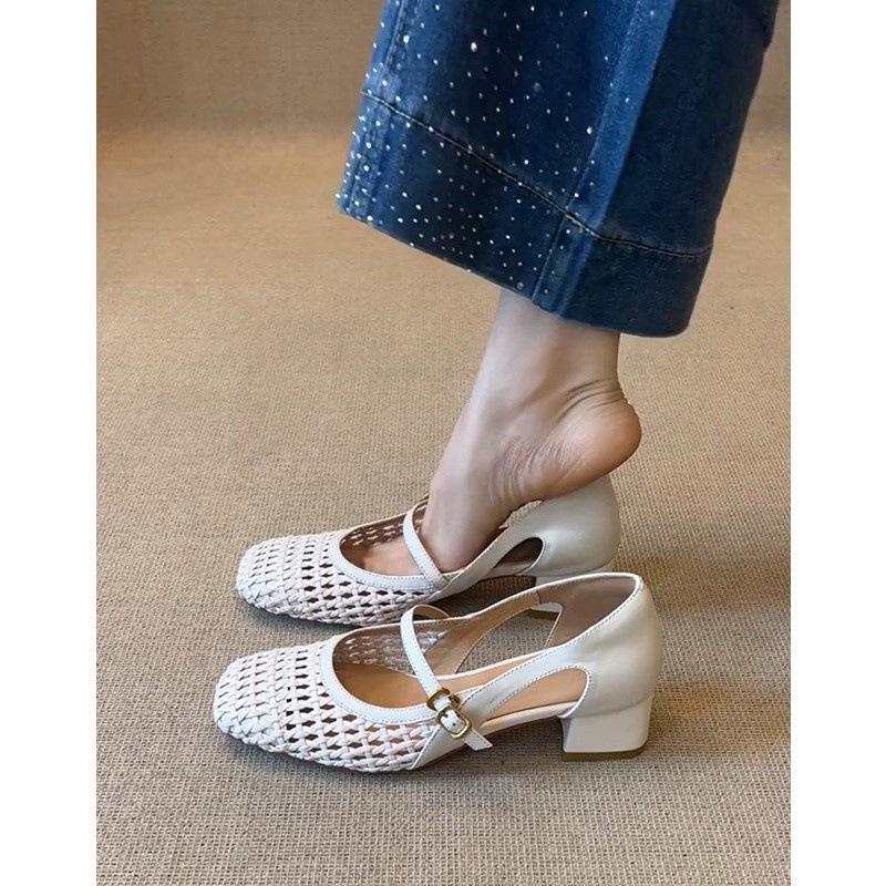 Retro Hollow Knitting Word with Mary Jane Shoes Women's Single Shoes Temperament Thick Heel Bag Head Sandals