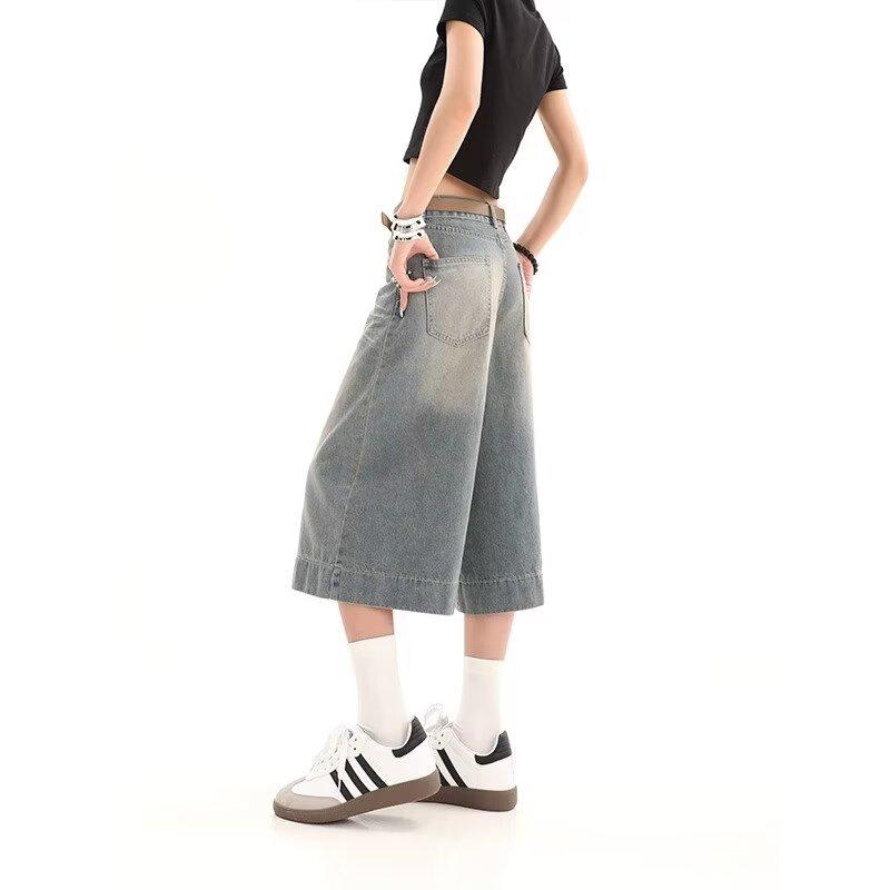 Y2k винтажные мешковатые шорты, джинсы, широкие шорты в стиле Харадзюку, джинсовые брюки, корейская уличная мода, свободные брюки, лето