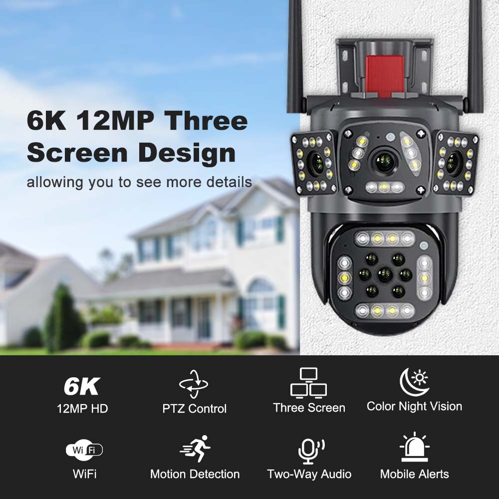 12-мегапиксельная 6K-камера с несколькими объективами и функцией WiFi, отслеживание движения на открытом воздухе, три экрана, обзор 360°, IP-камера, защита, PTZ-видеонаблюдение