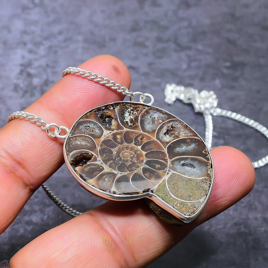 Ожерелье из серебра 925 пробы с ископаемым драгоценным камнем аммонитом 18 дюймов c0P30