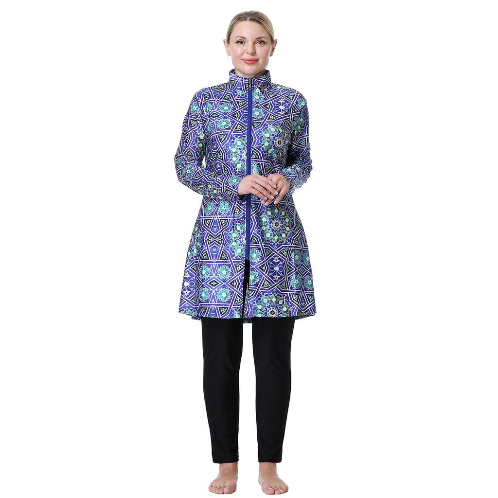 3XL-8XL Women Muslim Muslimah Swimwear Full Coverage Flower Patterned Zippered Women Swimming Suit Comfortable Highly Elastic 3 Pieces Beachwear