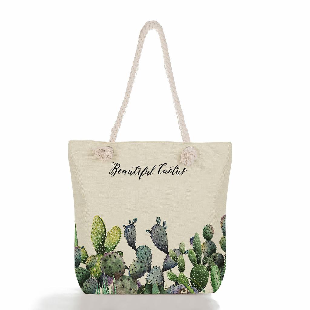 Marble green leaves print thick rope single-shoulder beach bag 7273 CLE