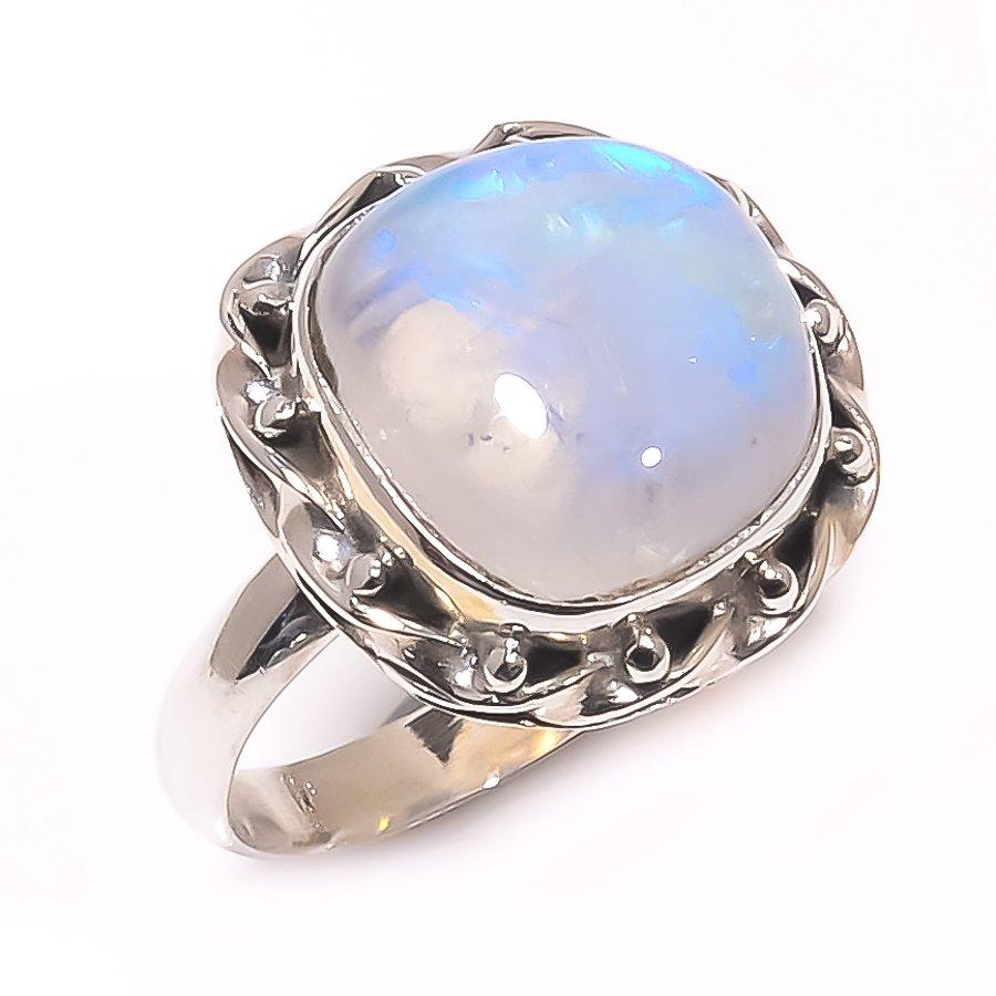Натуральный Радужный Лунный Камень, драгоценный камень, кольцо из стерлингового серебра 925 пробы, размер 8,5, W6H19