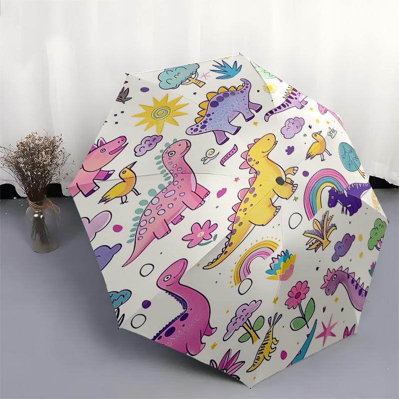 Dinosaur, Rainbow Themed Automatic Opening and Closing Umbrella, Compact Travel Umbrella, Lightweight and Portable, Suitable for Beach Commu