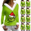 Women's Plush V-neck Shirt Christmas Grinchmas Printed Long Sleeved Blouse Top