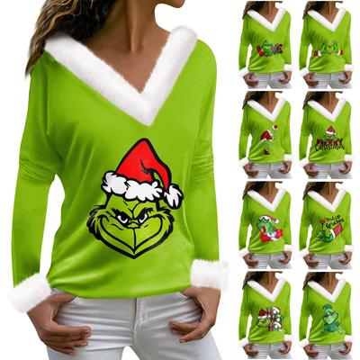 Женская плюшевая рубашка с v-образным вырезом, рождественская блузка с длинными рукавами и принтом Grinchmas, топ