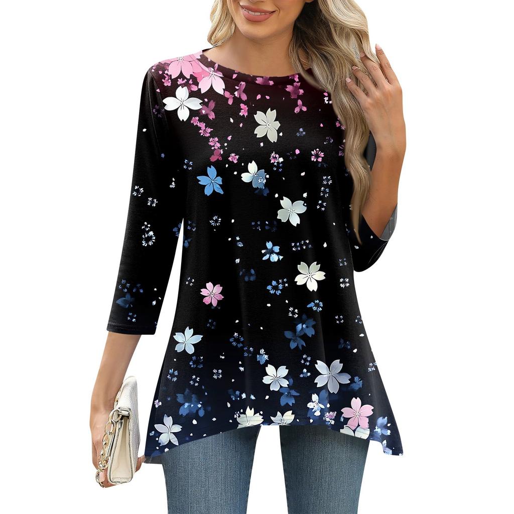 3/4 рукав туника топы для женщин принтованный повседневный выходной свободный крой модная базовая футболка с круглым вырезом