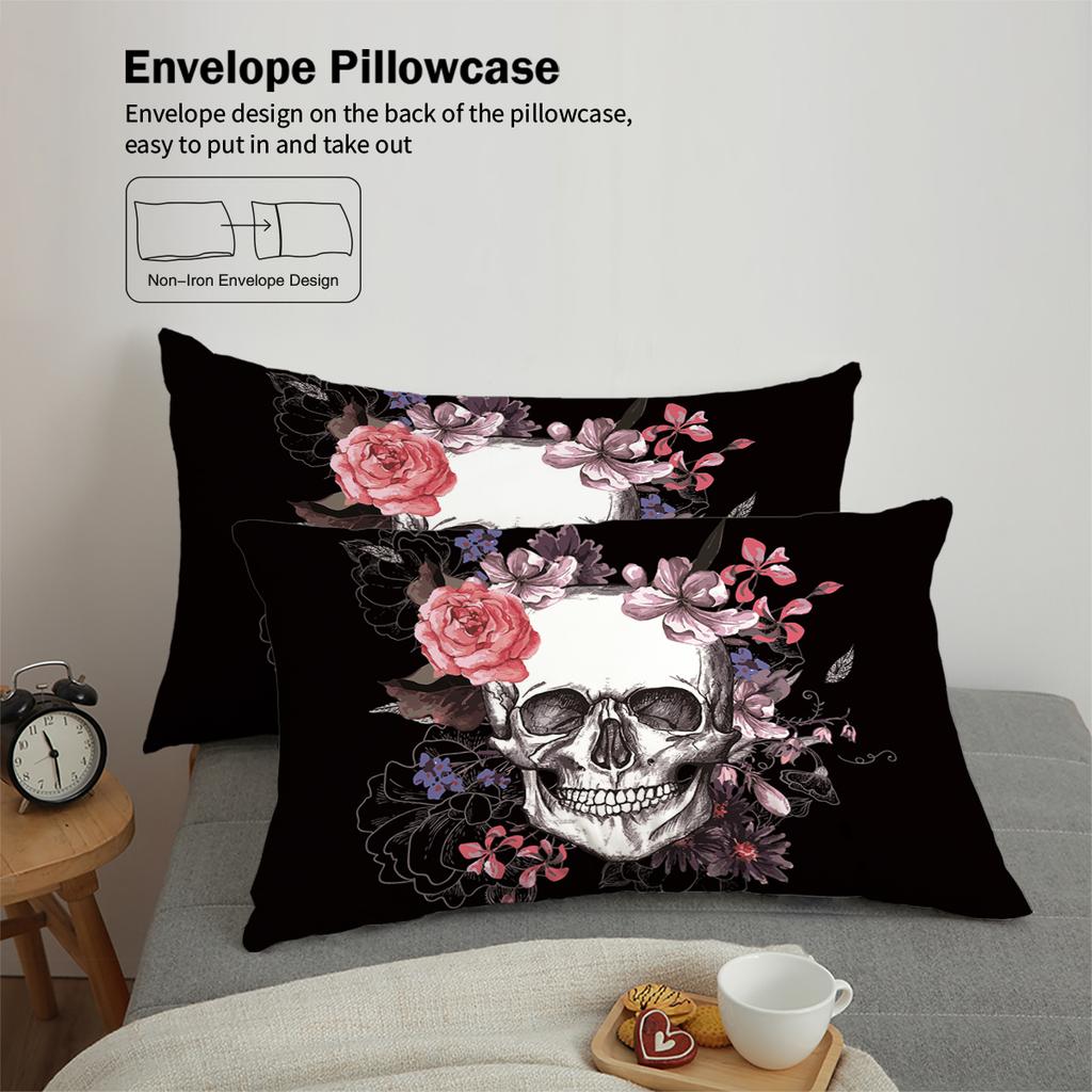 Комплект пододеяльника из трех частей с принтом в виде черепов и цветов (1 пододеяльник+2 наволочки, без наполнителя) Комплект постельного белья на тему Хэллоуина