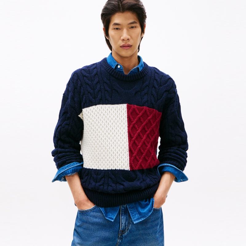 Tommy Hilfiger Мужской вязаный свитер Color Block с косами XM0XM05979