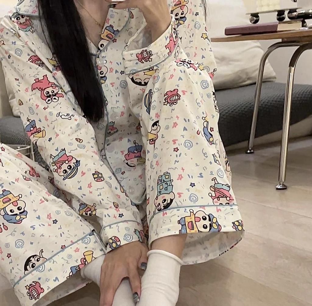 Пижамный комплект из хлопка «Облако» для женщин: Кардиган свободного кроя с длинным рукавом и милыми лацканами в студенческом стиле на весну и осень