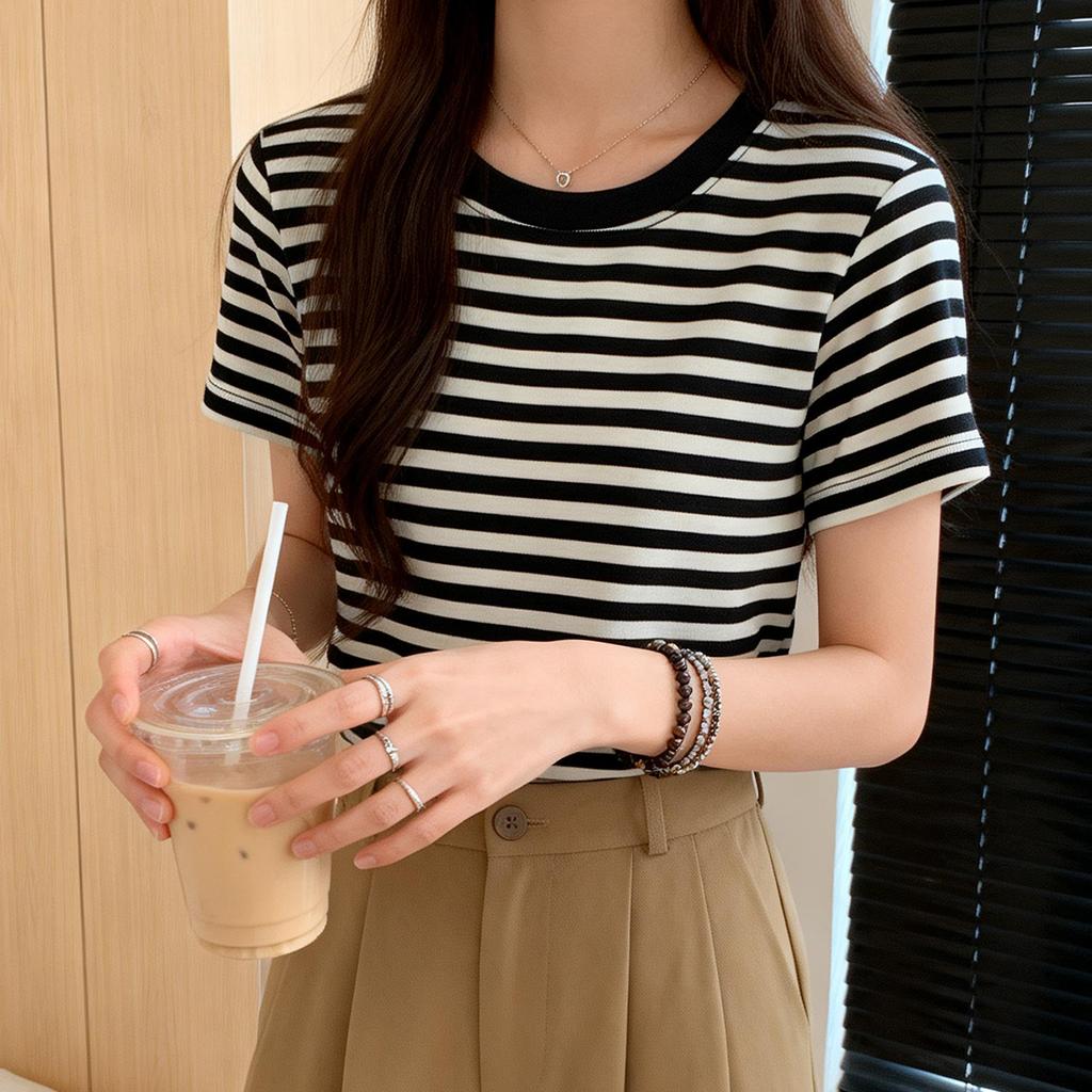[Lyocell Ice Silk] Shoulder striped short sleeved T-shirt for women, super beautiful base shirt for women, slimming and age reducing top for women
