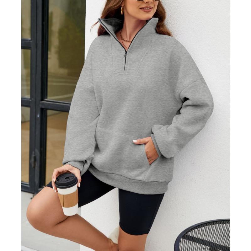 Осенне-зимняя однотонная женская свободная толстовка с воротником-стойкой на молнии