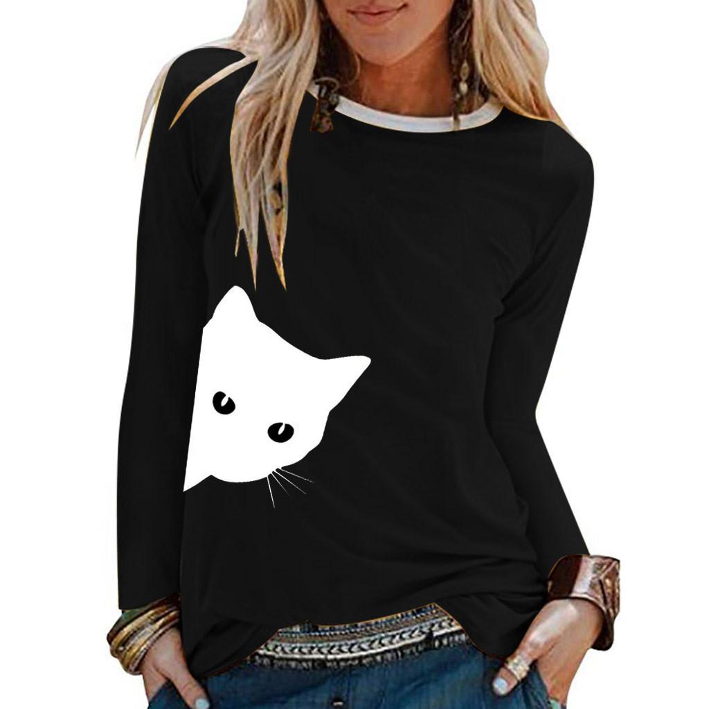 Womens Casual Cat Print Shirts Long Sleeve Top Loose T-Shirt Blouse