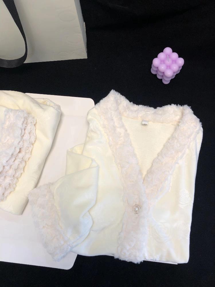 Женский пижамный комплект из розового флиса - Лонгслив и брюки, осенне-зимний стиль