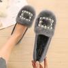 Crystal&Pearl Buckle Shoes Woman Rabbit Fur Flats Winter Big Size Mocasines Femme Furry Loafers Barefoot