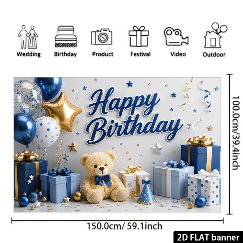 2D flat birthday theme with teddy bear, gift box, balloon star elements, made of polyester