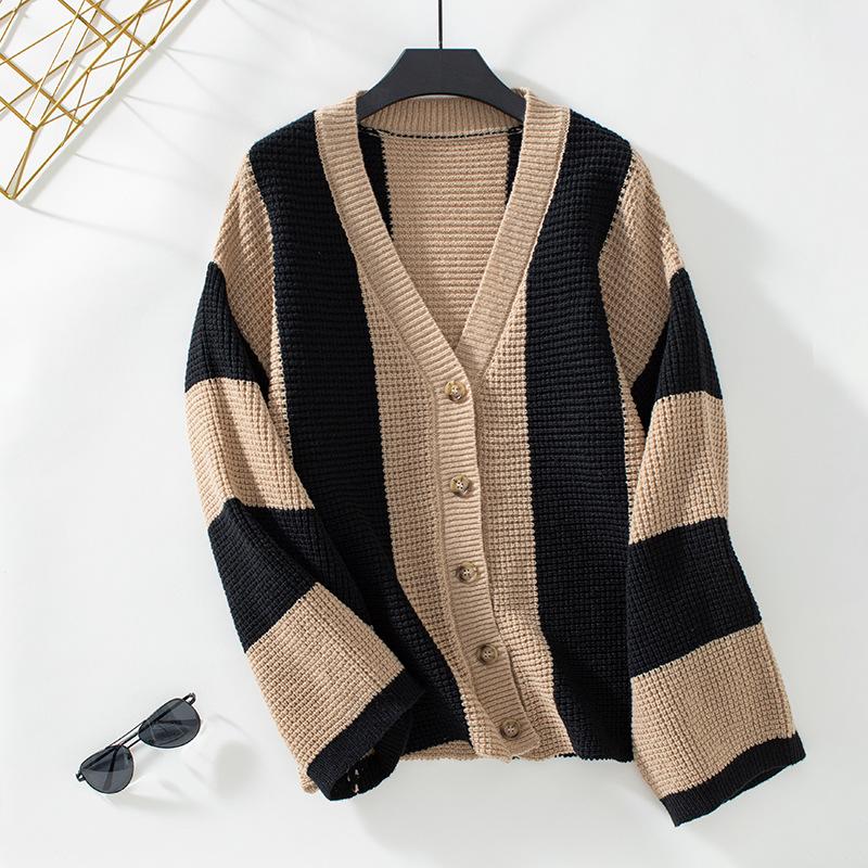Plus Size Women's Fashion Knitwear Autumn and Winter Striped Clashing Colours Loose Flared Sleeve Sweater Knitted Cardigan