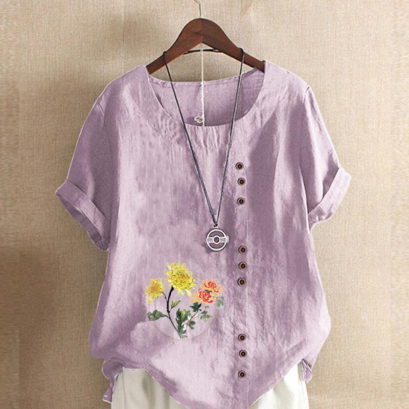 Women's Fashion Flowers Prined Round Neck Short Sleeve T-shirt Casual Cotton Linen Graphic Shirt Leisure Loose Summer Blouse Tops