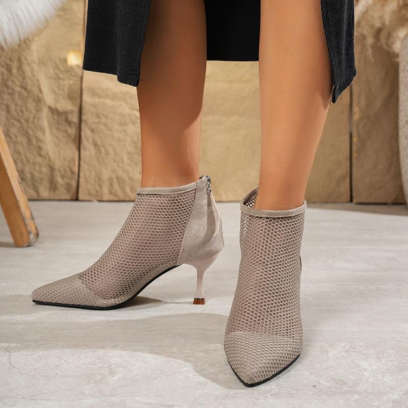 Модные ботильоны Осень Новые Острый носок Сетка Дышащие Задняя молния Нескользящие Износостойкие Каблуки