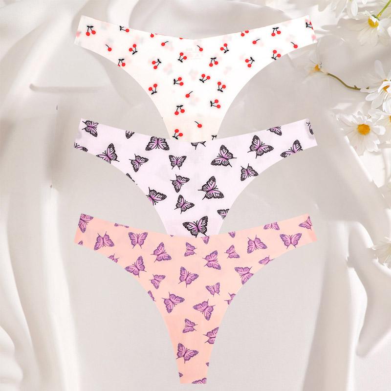 FINETOO 3 шт./компл. сексуальные стринги для женщин из ледяного шелка, цельные бесшовные трусики для девочек, свежее нижнее белье с низкой талией и принтом