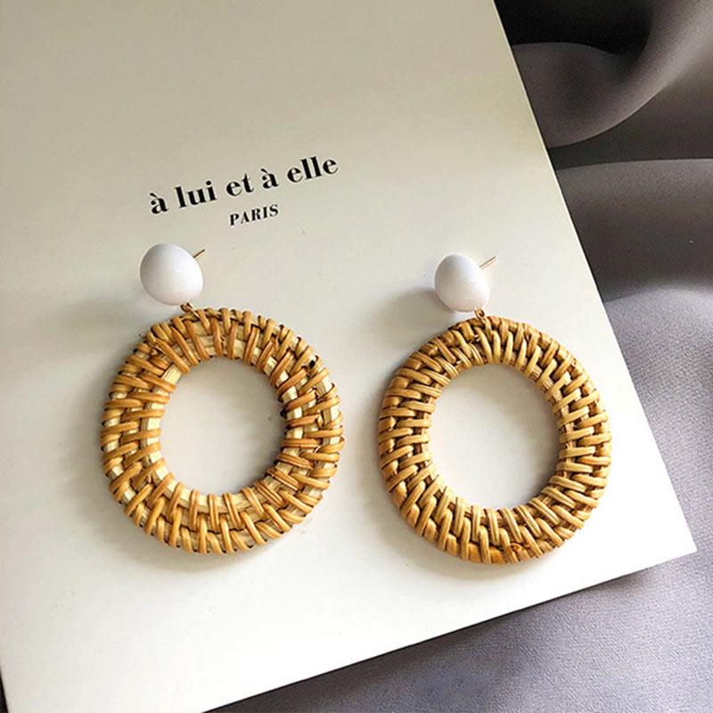 Earrings Gift Ear Geometric Stud Dangle Jewelry Women Woven Straw Rattan Wooden Unique