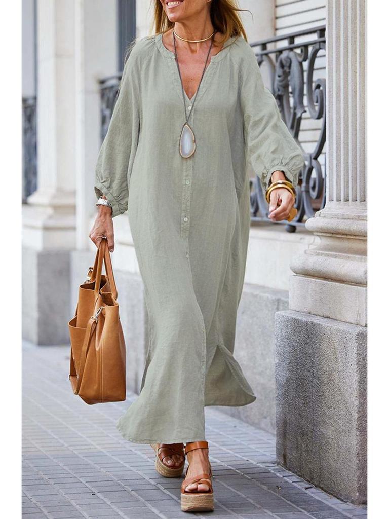 2025 Summer Women's V-neck Cotton Linen Dress: Casual European & American Vacation Style