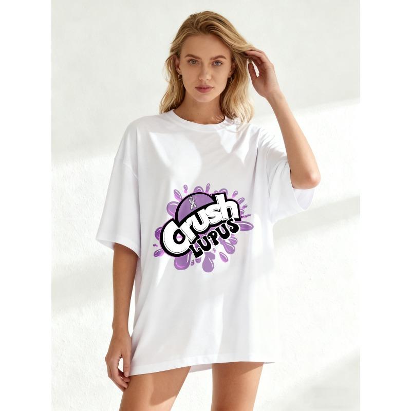 Oversize Women's Short-Sleeve T-Shirt with Pink-Purple Graffiti-Style "Crush Lupus" Lupus Awareness Ribbon Print